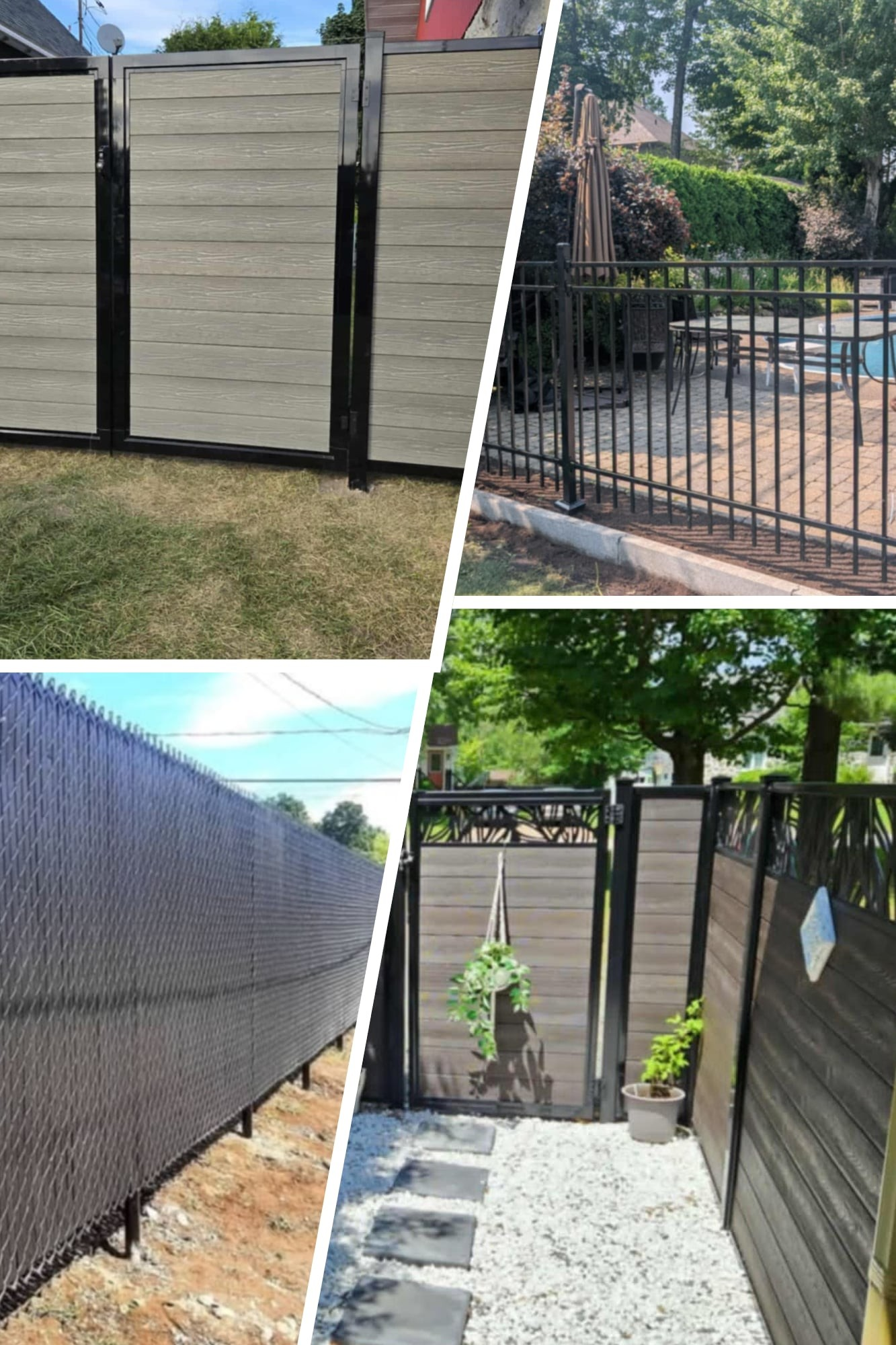Mosaïque de quatre projets : panneau composite, clôture aluminium, maille avec bandes d'intimité et portail composite ornemental